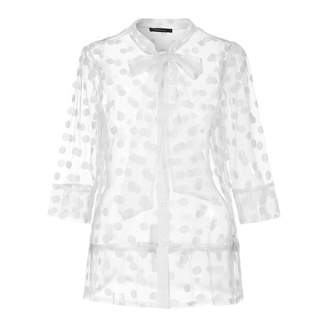 2020 Celmia Women Polka Dots Chic White Blouse Bow Tie Collar 3/4 Sleeve Shirts Female Office Wear Sheer Top Plus Size Blusas 7