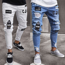 Load image into Gallery viewer, 2020 New Men's Painted Skinny Slim Fit Straight Shabby Distressed Distressed Pleated Knee Patch Denim Trousers Stretch Jeans
