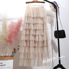 Load image into Gallery viewer, 2020 New Spring Summer Women Skirt Vintage Casual Fashion Layer Ruffles Pleated Tulle Slim Fit Mesh Hight Waist Long Skirt