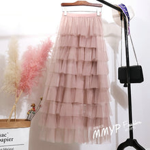 Load image into Gallery viewer, 2020 New Spring Summer Women Skirt Vintage Casual Fashion Layer Ruffles Pleated Tulle Slim Fit Mesh Hight Waist Long Skirt