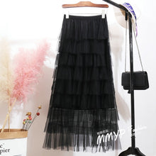 Load image into Gallery viewer, 2020 New Spring Summer Women Skirt Vintage Casual Fashion Layer Ruffles Pleated Tulle Slim Fit Mesh Hight Waist Long Skirt
