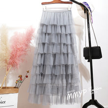 Load image into Gallery viewer, 2020 New Spring Summer Women Skirt Vintage Casual Fashion Layer Ruffles Pleated Tulle Slim Fit Mesh Hight Waist Long Skirt