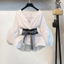 Load image into Gallery viewer, 2020 Summer Office 2 Piece Set Women Sexy V Neck Lantern Sleeve Striped Blouse Bow Tie Shirt Top + Split Pencil Flare Pant Suit