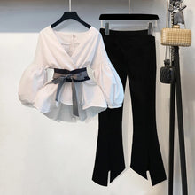 Load image into Gallery viewer, 2020 Summer Office 2 Piece Set Women Sexy V Neck Lantern Sleeve Striped Blouse Bow Tie Shirt Top + Split Pencil Flare Pant Suit