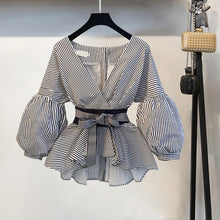 Load image into Gallery viewer, 2020 Summer Office 2 Piece Set Women Sexy V Neck Lantern Sleeve Striped Blouse Bow Tie Shirt Top + Split Pencil Flare Pant Suit