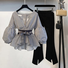 Load image into Gallery viewer, 2020 Summer Office 2 Piece Set Women Sexy V Neck Lantern Sleeve Striped Blouse Bow Tie Shirt Top + Split Pencil Flare Pant Suit