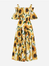 Load image into Gallery viewer, 2020 Summer Runway Sunflower Printed Dress Women&#39;s Cold Cut Out Off Shoulder Slash Neck Floral Print Sundress Holiday Long Dress