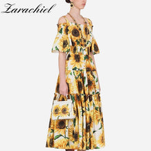 Load image into Gallery viewer, 2020 Summer Runway Sunflower Printed Dress Women&#39;s Cold Cut Out Off Shoulder Slash Neck Floral Print Sundress Holiday Long Dress