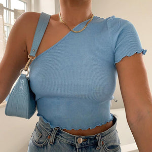 2020 Summer Women One Shoulder T-shirt Casual Short Sleeve Solid Ribbed Tees Lady Streetwear Fashion Women Slim Crop Tops