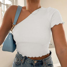 Load image into Gallery viewer, 2020 Summer Women One Shoulder T-shirt Casual Short Sleeve Solid Ribbed Tees Lady Streetwear Fashion Women Slim Crop Tops