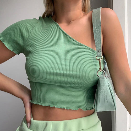 2020 Summer Women One Shoulder T-shirt Casual Short Sleeve Solid Ribbed Tees Lady Streetwear Fashion Women Slim Crop Tops