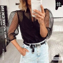 Load image into Gallery viewer, 2020 Women Mesh Blouse Sexy Puff Sleeve Sheer See Through Shirts Top Polka Dot Button Transparent White Shirt Female Blusas
