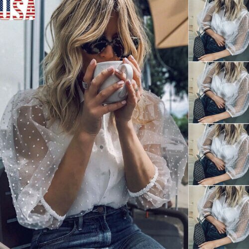 2020 Women Mesh Blouse Sexy Puff Sleeve Sheer See Through Shirts Top Polka Dot Button Transparent White Shirt Female Blusas