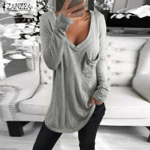 2020 ZANZEA Autumn V Neck Long Sleeve Blouse Women Casual Solid Basic Tee Femininas Blusas Sexy Ladies Shirts Chemise Femme Tops