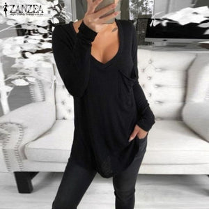 2020 ZANZEA Autumn V Neck Long Sleeve Blouse Women Casual Solid Basic Tee Femininas Blusas Sexy Ladies Shirts Chemise Femme Tops