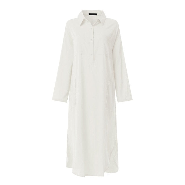 2020 ZANZEA Elegant Midi Shirt Dress Womens Summer Sundress Vintage Button Thin Vestidos Female Long Sleeve Split Lapel Robe