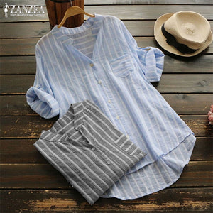 2020 ZANZEA Plus Size Striped Tops Womens Cotton Blouse Fashion 3/4 Sleeve Shirts Femlae Button Down Blusas Female V Neck Tunic