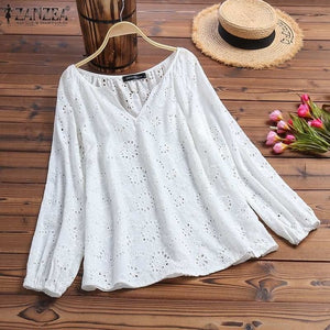 2020 ZANZEA Women's Summer Blouse Autumn Long Sleeve Shirts Female V Neck Lace Blusas Plus Size Tunic S-5XL Fashion Hollow Tops