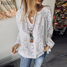 Load image into Gallery viewer, 2020 ZANZEA Women&#39;s Summer Blouse Autumn Long Sleeve Shirts Female V Neck Lace Blusas Plus Size Tunic S-5XL Fashion Hollow Tops