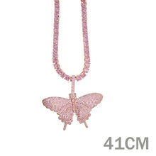 Load image into Gallery viewer, 2020 iced out sparking bling cz pink pinky women girl jewelry 5mm AAAAA cz tennis chain hip hop cool pink cz butterfly necklace