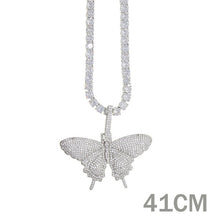 Load image into Gallery viewer, 2020 iced out sparking bling cz pink pinky women girl jewelry 5mm AAAAA cz tennis chain hip hop cool pink cz butterfly necklace