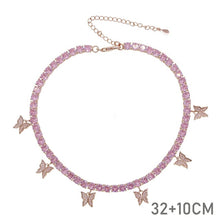 Load image into Gallery viewer, 2020 iced out sparking bling cz pink pinky women girl jewelry 5mm AAAAA cz tennis chain hip hop cool pink cz butterfly necklace