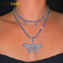Load image into Gallery viewer, 2020 iced out sparking bling cz pink pinky women girl jewelry 5mm AAAAA cz tennis chain hip hop cool pink cz butterfly necklace
