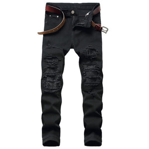 2021 AUTUMN Spring Men's Ripped Street HIP HOP Punk Stretch Bike Jeans Trendy Holes Straight Denim Trouers