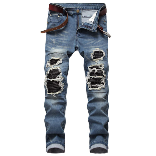 2021 AUTUMN Spring Men's Ripped Street HIP HOP Punk Stretch Bike Jeans Trendy Holes Straight Denim Trouers