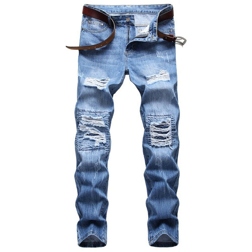 2021 Autumn Spring Men's Ripped Street HIP HOP Punk Stretch Bike Jeans Trendy Holes Straight Denim Trouers