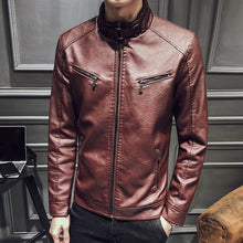 Load image into Gallery viewer, 2021 Autumn and Winter High Quality Men&#39;s Fashion PU Stand Collar Zipper Pocket Motorcycle Slim Fleece Warm Men Leather Jacket