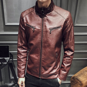 2021 Autumn and Winter High Quality Men's Fashion PU Stand Collar Zipper Pocket Motorcycle Slim Fleece Warm Men Leather Jacket