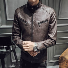 Load image into Gallery viewer, 2021 Autumn and Winter High Quality Men&#39;s Fashion PU Stand Collar Zipper Pocket Motorcycle Slim Fleece Warm Men Leather Jacket