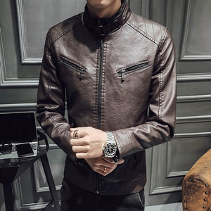 2021 Autumn and Winter High Quality Men's Fashion PU Stand Collar Zipper Pocket Motorcycle Slim Fleece Warm Men Leather Jacket