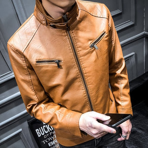 2021 Autumn and Winter High Quality Men's Fashion PU Stand Collar Zipper Pocket Motorcycle Slim Fleece Warm Men Leather Jacket