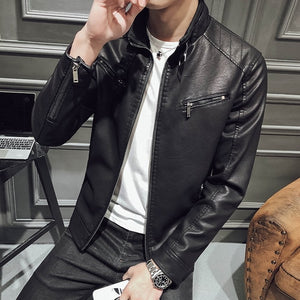 2021 Autumn and Winter High Quality Men's Fashion PU Stand Collar Zipper Pocket Motorcycle Slim Fleece Warm Men Leather Jacket