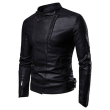 Load image into Gallery viewer, 2021 Autumn and Winter New High Quality Ruched Solid Stand Collar Motorcycle Zipper Pocket Slim Fleece Warm Men&#39;s Leather Jacket