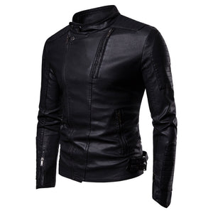 2021 Autumn and Winter New High Quality Ruched Solid Stand Collar Motorcycle Zipper Pocket Slim Fleece Warm Men's Leather Jacket