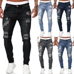 2021 Men's Jeans Cool Skinny Ripped Stretch Slim Elastic Denim Pants Large Size Hip Hop Black Blue Casual Jogging Jeans for Men