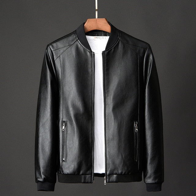 2021 Spring and Autumn High Quality Men's Solid Color Stand-up Collar Zipper Pocket Slim PU Business Casual Men's Leather Jacket