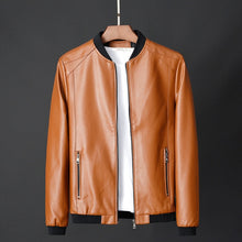 Load image into Gallery viewer, 2021 Spring and Autumn High Quality Men&#39;s Solid Color Stand-up Collar Zipper Pocket Slim PU Business Casual Men&#39;s Leather Jacket