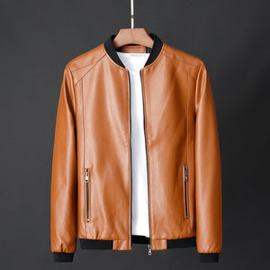 2021 Spring and Autumn High Quality Men's Solid Color Stand-up Collar Zipper Pocket Slim PU Business Casual Men's Leather Jacket