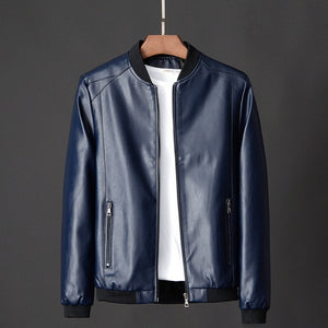 2021 Spring and Autumn High Quality Men's Solid Color Stand-up Collar Zipper Pocket Slim PU Business Casual Men's Leather Jacket
