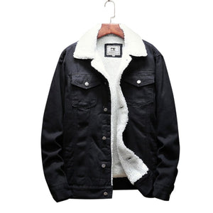 2021 new men's light blue winter denim jacket warm denim coat large size wool lining thick slim high quality denim jacket