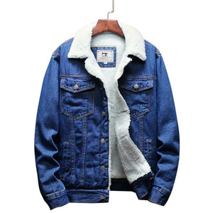 2021 new men's light blue winter denim jacket warm denim coat large size wool lining thick slim high quality denim jacket