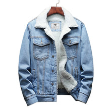 Load image into Gallery viewer, 2021 new men&#39;s light blue winter denim jacket warm denim coat large size wool lining thick slim high quality denim jacket