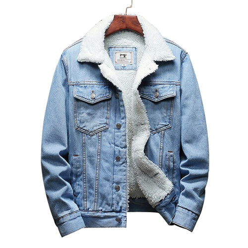 2021 new men's light blue winter denim jacket warm denim coat large size wool lining thick slim high quality denim jacket