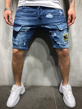 Load image into Gallery viewer, 3 Styles Ripped Summer Men&#39;s Embroidered Pocket Denim Shorts Hip-Hop Jogging 5 Cent Shorts Paint Straight Slim White Dot Jeans