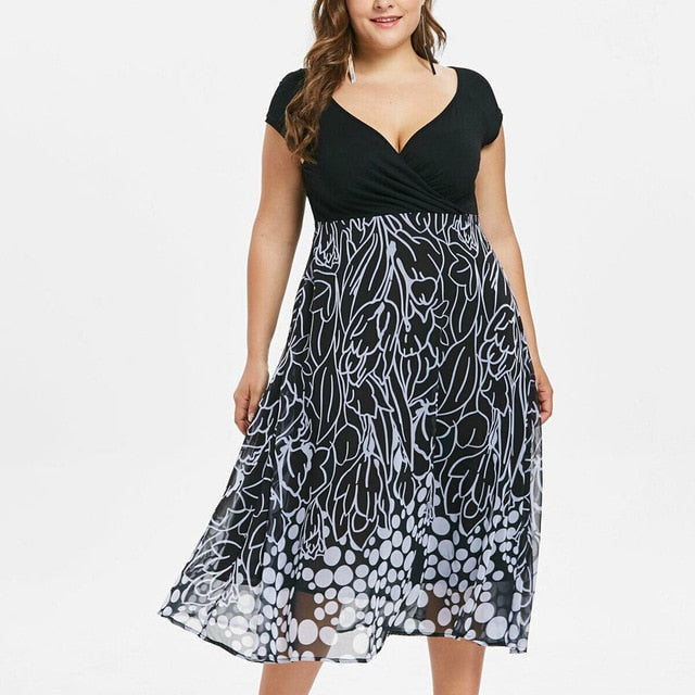 38# Casual Fashion Sexy Women Dress 2020 Women's Plus Size V-neck Casual Short Sleeve Flowerpot Print Cross Dress