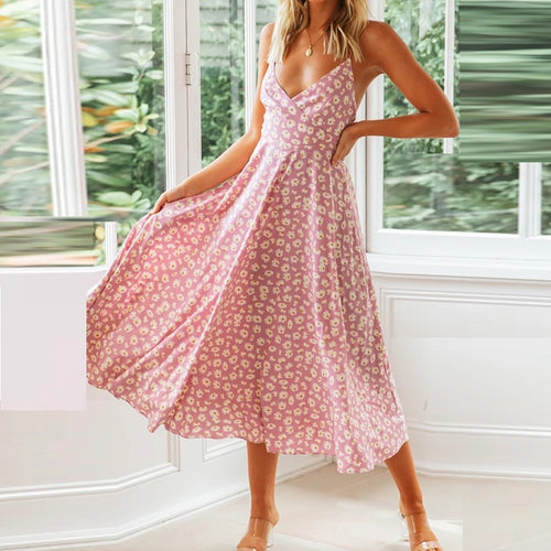38# Dress For Ladies Womens Sexy 2020 Casual Sleeveless Floral Print V Neck Split Ruffle Beach Long Dress Платье Женское New